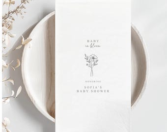 Personalized Baby In Bloom Napkins, Floral Baby Shower Napkins, Custom Baby Shower Guest Towels, Minimalist Cocktail Napkins, Baby Favor