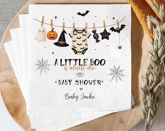 Personalized A Little Boo Is Almost Due Baby Shower Napkins, Halloween Spooky Cocktail Napkins, Custom Ghost Guest Towels Beverage Napkins