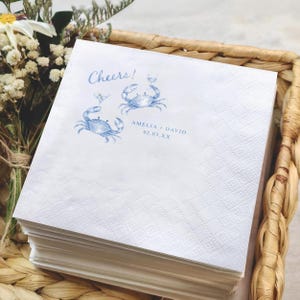 Servilletas personalizadas de cangrejo azul para cóctel, servilletas para bodas costeras, servilletas para bodas en la playa, servilletas para fiestas náuticas, servilletas personalizadas para bar. imagen 2