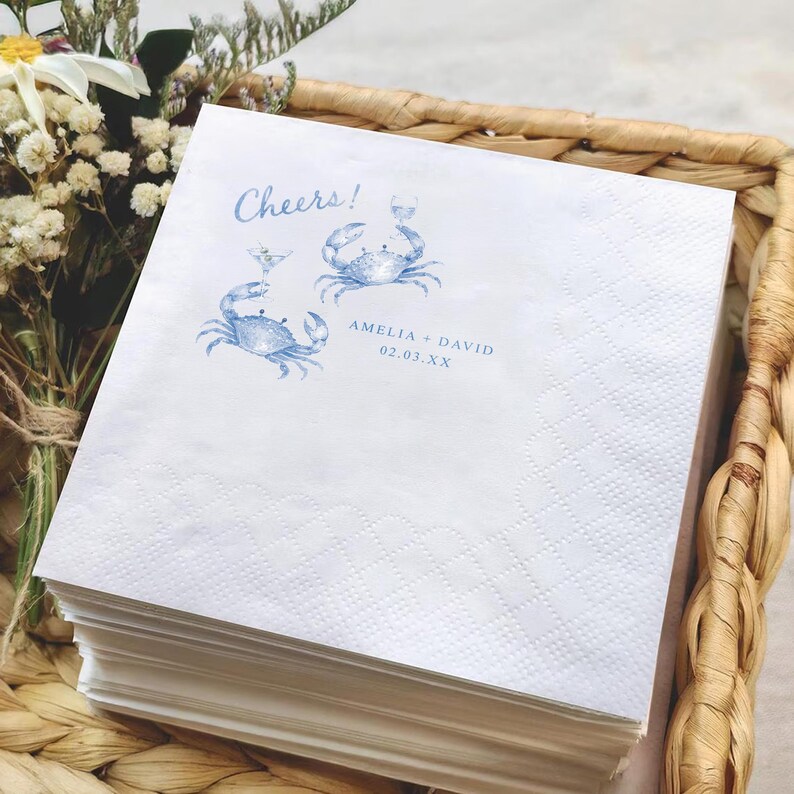 Servilletas personalizadas de cangrejo azul para cóctel, servilletas para bodas costeras, servilletas para bodas en la playa, servilletas para fiestas náuticas, servilletas personalizadas para bar. imagen 2