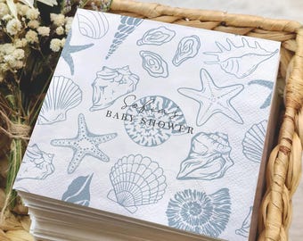 Personalized Coastal Baby Shower Napkins, Seashell Baby Shower Cocktail Napkins, Beach Theme Guest Towels, Ocean Baby Shower Favor