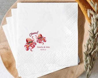 Personalized Octopus Wedding Napkins, Custom Coastal Cocktail Napkins, Nautical Beach Beverage Napkins, Ocean Guest Towels Favor