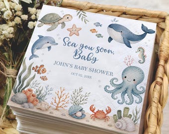 Personalized Sea You Soon Baby Shower Napkins, Ocean Baby Shower Cocktail Napkins, Under The Sea Guest Towels, Coastal Baby Shower Favor