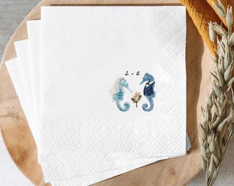 Personalized Seahorse Wedding Napkins, Custom Beach Wedding Cocktail Napkins, Coastal Beverage Napkins, Ocean Guest Towels Favor