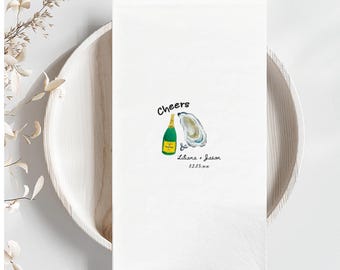 Personalized Oyster Champagne Wedding Napkins, Custom Coastal Cocktail Napkins, Elegant Beverage Napkins, Wedding Guest Towels Favor