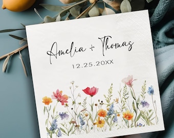 Personalized Wedding Napkins, Custom Name Cocktail Napkins, Wildflower Wedding Decor, Modern Floral Reception Napkins, Garden Wedding Favor