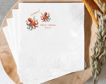 Personalized Octopus Wedding Napkins, Custom Coastal Cocktail Napkins, Beach Beverage Napkins, Wedding Guest Towels Favor
