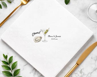 Personalized Oyster Martini Wedding Napkins, Custom Cocktail Beverage Napkins, Coastal Wedding Guest Towels, Oyster Party Wedding Favors