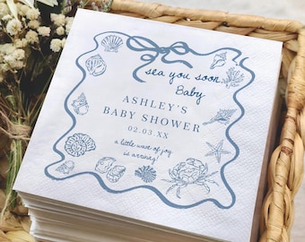 Personalized Sea You Soon Baby Shower Napkins, Coastal Baby Shower Cocktail Napkins, Beach Theme Guest Towels, Ocean Baby Shower Favor