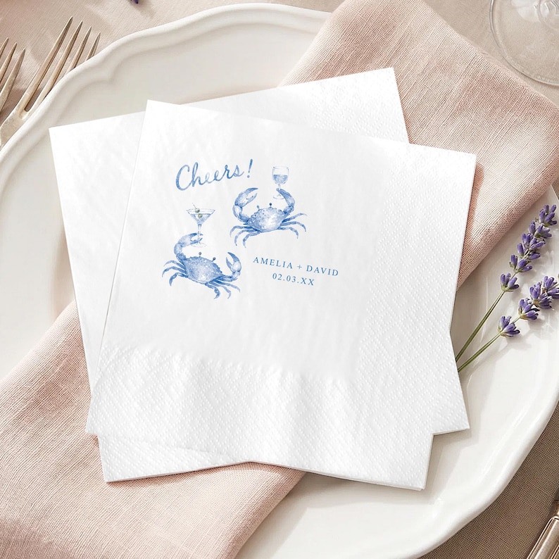 Servilletas personalizadas de cangrejo azul para cóctel, servilletas para bodas costeras, servilletas para bodas en la playa, servilletas para fiestas náuticas, servilletas personalizadas para bar. imagen 3