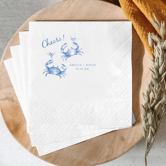 Personalized Blue Crab Cocktail Napkins, Coastal Wedding Napkins, Beach Wedding Napkins, Nautical Party Napkins, Custom Bar Napkins