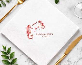 Personalized Seahorse Wedding Napkins, Custom Coastal Cocktail Napkins, Beach Beverage Napkins, Ocean Wedding Guest Towels Favor