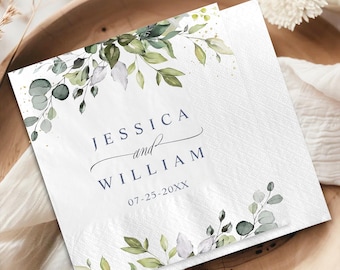 Personalized Wedding Napkins, Custom Name Napkins, Eucalyptus Napkins, Elegant Wedding Table Decor, Engagement Party Napkins