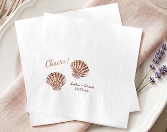 Personalized Seashell Wedding Napkins, Custom Scallop Shell Cocktail Napkins, Beach Wedding Beverage Napkins, Wedding Guest Towels Favor