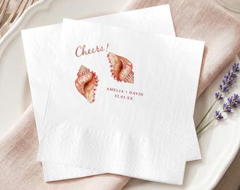 Personalized Seashell Wedding Napkins, Custom Coastal Cocktail Napkins, Beach Wedding Beverage Napkins, Wedding Guest Towels Favor