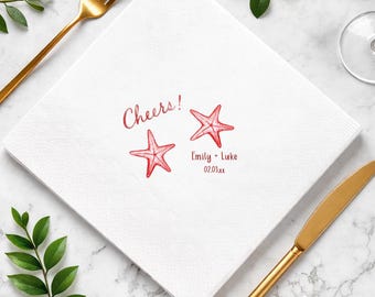 Personalized Starfish Wedding Napkins, Custom Beach Cocktail Napkins, Coastal Beverage Napkins, Wedding Guest Towels Favor