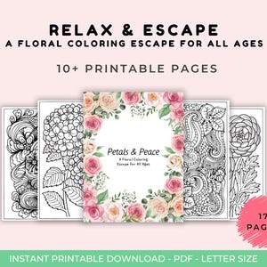 Floral Coloring Book PDF with 17 Printable Pages of Flower Designs for All Ages – Instant Digital Download Art