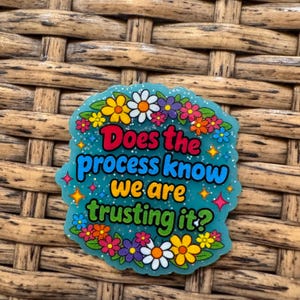 May include: A teal glittery sticker with a floral border of colorful daisies and small blossoms. The text reads Does the process know we are trusting it? in red, blue, yellow, and green lettering, accented by small four-pointed star shapes.