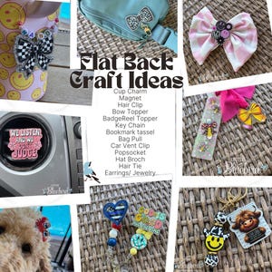 May include: A collage of craft ideas, including a black and white checkered bow, a light blue fanny pack with a leopard print bow, and a pink and white gingham bow. The text "Flat Back Craft Ideas" is visible.