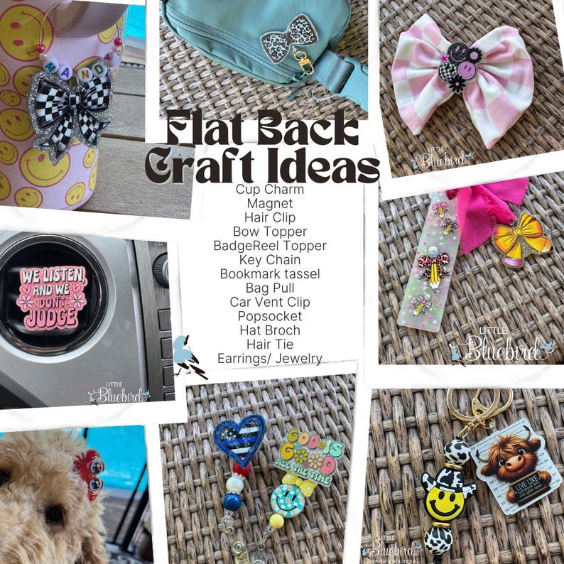 May include: A collage of craft ideas, including a black and white checkered bow, a light blue fanny pack with a leopard print bow, and a pink and white gingham bow. The text "Flat Back Craft Ideas" is visible.