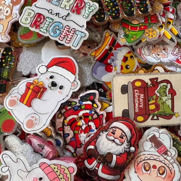 SALE Christmas and Winter Acrylic Flatback Mystery Bundle:  badge Reel Toppers, magnets, junk cases, charms, cabachon, keychains