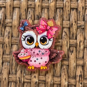 May include: A cartoon owl-shaped pin with a pink body and brown wings, holding a cupcake. The owl has large eyes, a pink bow, and a blue bow. The pin is outlined in glitter.