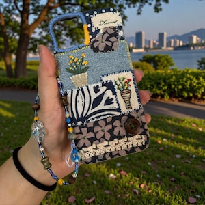 Op de afbeelding: Een patchwork telefoonhoesje met een denim basis en bloemen- en patroonstoffen accenten. De hoes heeft geborduurde bloempotten, een knoopsluiting en een kralen polsbandje. Het woord "Forever" is op een patch gedrukt.