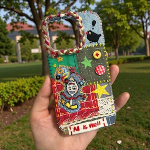 May include: A patchwork phone case with a variety of fabric patterns and textures. The case features a cartoon character, stars, and the text "All Is Well." The edges are trimmed with a braided cord.