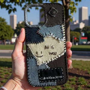 May include: A patchwork denim phone case with a variety of blue, beige, and black fabric pieces. The case features the text "All is well" and the Calvin Klein Jeans logo. The case is stitched together with a contrasting thread.