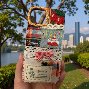 May include: A patchwork phone case with a woven handle. The case features embroidered cherries, a snowman, and the word "snow". It includes a red and white bow, lace trim, and a label with text about chamomile flowers.