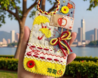 Gele paraplu handgeborduurd patchwork telefoonhoesje, kerstcadeau, cadeau voor haar Patchwork telefoonhoesje, Pixel, Galaxy, iPhone-hoesje