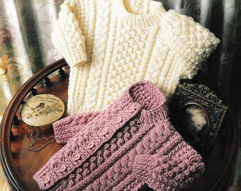 Baby Sweater & Cardigan , Aran Knitting Pattern , 16" to 22" Chest , Readicut 01001