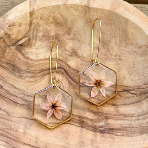 Hexagonal earrings inclusion of pink leek flowers. Gift for her. Nature lovers. Dried flowers