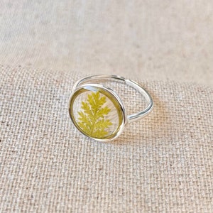 Gold, rose gold or silver stainless steel circle ring with inclusion of fern leaf. Gift for her. Boho style