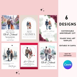 Presente de aniversário muçulmano sem rosto, arte de parede para casal islâmico editável, modelo Canva, download digital personalizável para casamento ou Nikah