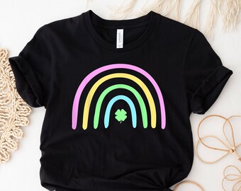 Green Four Leaf Clover Rainbow St Patrick's Day T-Shirt, Vintage St Patricks Day Shirt, Cute St Paddys Tee, Shamrock Shirts,Irish Shirt