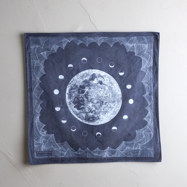 Lunar Tides - logwood/iron/tannin naturally dyed screen printed bandana