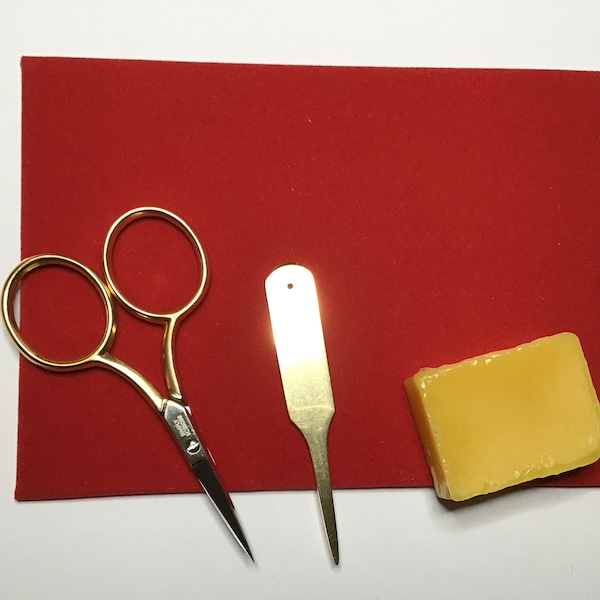 Goldwork Embroidery Tool Kit - Scissors, mellor, Velvet Board, Beeswax