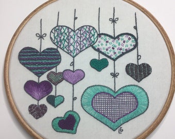 Embroidery kit, Stitch sampler, DIY kit, doodle, hand stitching, home deco, hoop art - Hearts