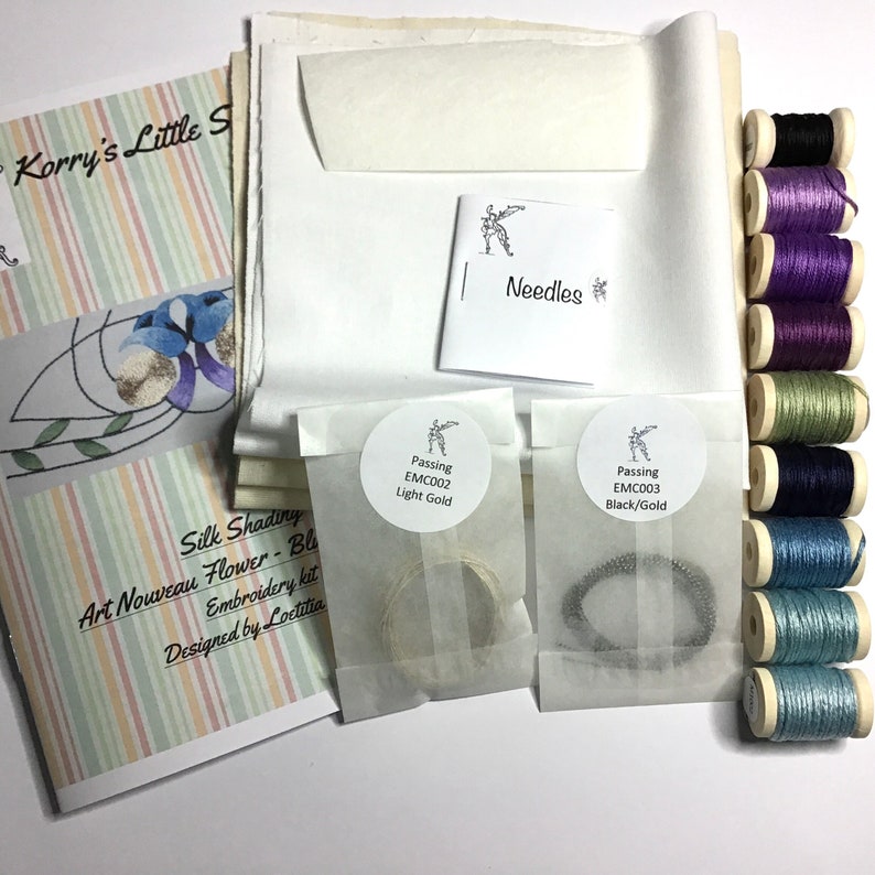 Silk Shading, Embroidery, hand stitching, DIY kit, Goldwork embroidery, hand embroidery Art Nouveau flower silk shading kit image 2