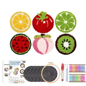 Punch Needle Coasters Kit for Adults Beginners 6 Pattern Easy Embroidery Punch Needle Kits Tufted Rug Punch Decoration