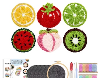 Punch Needle Coasters Kit for Adults Beginners 6 Pattern Easy Embroidery Punch Needle Kits Tufted Rug Punch Decoration