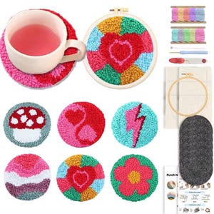 Punch Needle Coasters Kit for Adults Beginners 6 Pattern Easy Embroidery Punch Needle Kits Tufted Rug Punch Decoration