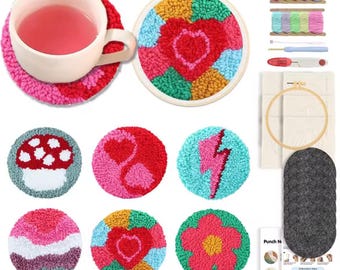 Punch Needle Coasters Kit for Adults Beginners 6 Pattern Easy Embroidery Punch Needle Kits Tufted Rug Punch Decoration