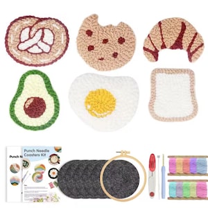 Punch Needle Coasters Kit for Adults Beginners 6 Pattern Easy Embroidery Punch Needle Kits Tufted Rug Punch Decoration