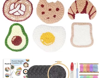 Punch Needle Coasters Kit for Adults Beginners 6 Pattern Easy Embroidery Punch Needle Kits Tufted Rug Punch Decoration