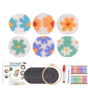 Punch Needle Coasters Kit for Adults Beginners 6 Pattern Easy Embroidery Punch Needle Kits Tufted Rug Punch Decoration