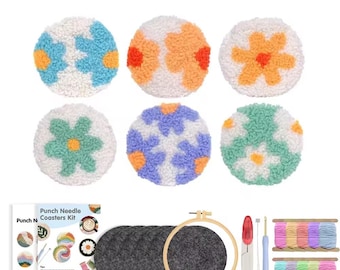 Punch Needle Coasters Kit for Adults Beginners 6 Pattern Easy Embroidery Punch Needle Kits Tufted Rug Punch Decoration