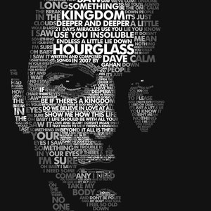 Könnte beinhalten: Ein graustufiges grafisches Porträt, das aus Songtexten besteht. Die Wörter bilden die Form eines Gesichts, wobei Sätze wie "Hourglass" und "Dave Gahan Down" sichtbar sind. Der Hintergrund ist einfarbig schwarz.