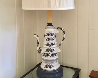 Vintage Teapot Coffee Pot Lamp - Blue & White Ceramic